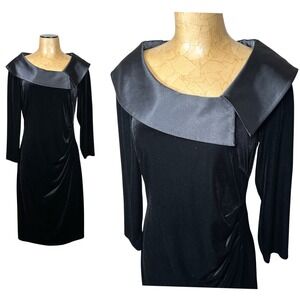 Jessica Howard Black Velvet Satin Portrait Collar Sheath Dress Vamp 12 Goth